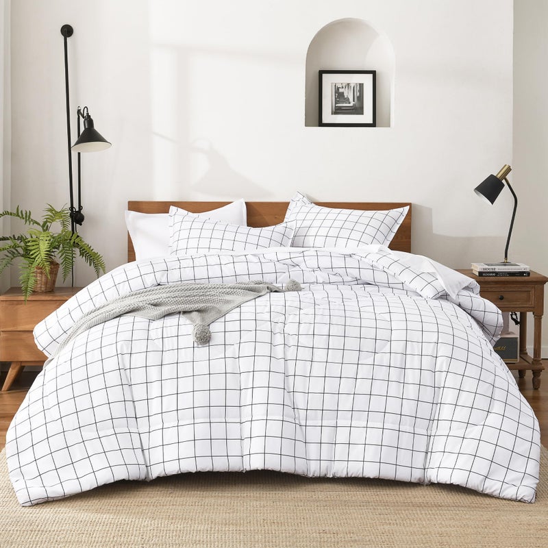 Andency Queen Comforter Set White Gingham, Plaid Grid Checkered Bedding Comforter Set Queen Size, 3 Pieces Lightweight Reversible Geometric Modern Bedding Set(90x90 Inch) - Image 2